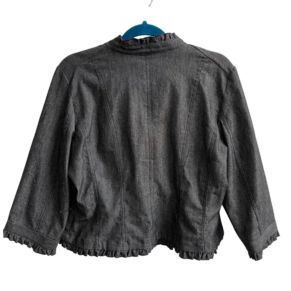 Sandro Petite‎ Denim Jacket Womens PL Gray Ruffle Trim Coquette Brass Button